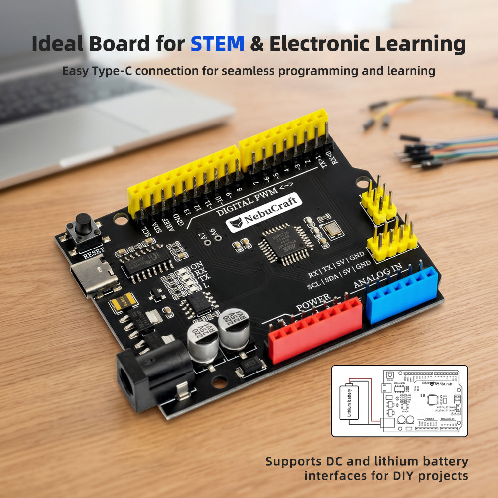 NebuCraft UNO R3 Board, ATmega328P Microcontroller Development Board, Compatible withArduino IDE, DIY Electronic Circuit Board for Robotics, STEAM Learning and Electronic Projects