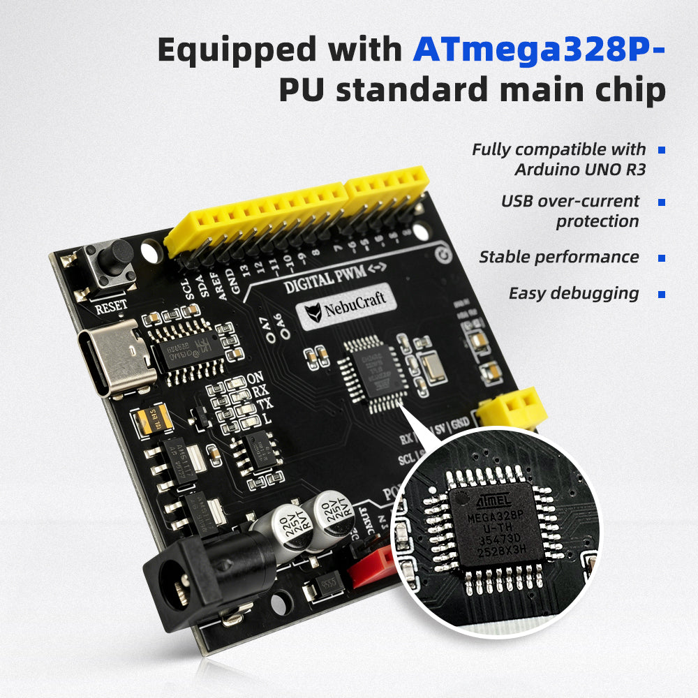 NebuCraft UNO R3 Board, ATmega328P Microcontroller Development Board, Compatible withArduino IDE, DIY Electronic Circuit Board for Robotics, STEAM Learning and Electronic Projects