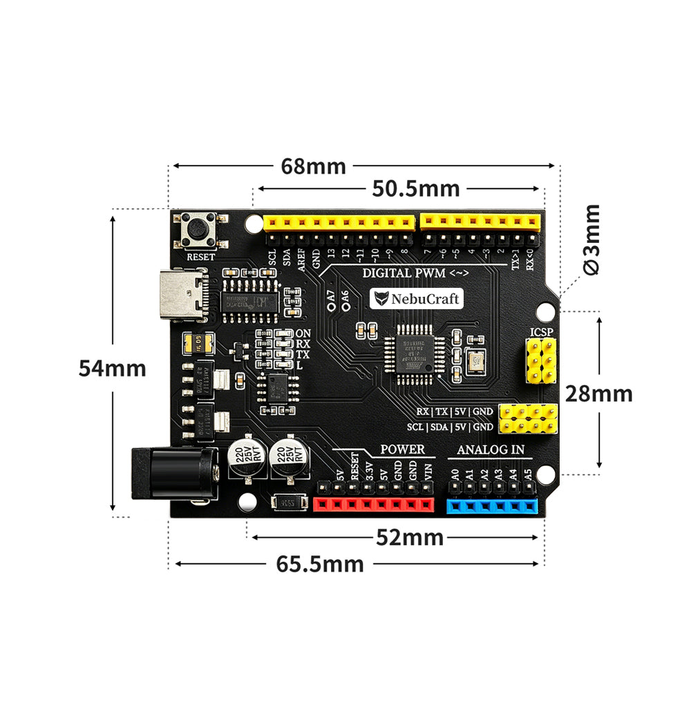 NebuCraft UNO R3 Board, ATmega328P Microcontroller Development Board, Compatible withArduino IDE, DIY Electronic Circuit Board for Robotics, STEAM Learning and Electronic Projects