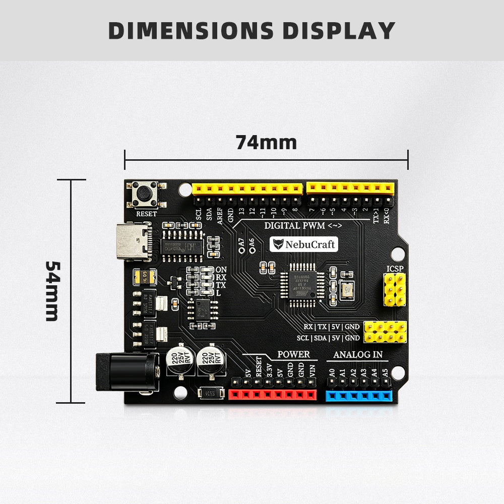 NebuCraft UNO R3 Board, ATmega328P Microcontroller Development Board, Compatible withArduino IDE, DIY Electronic Circuit Board for Robotics, STEAM Learning and Electronic Projects