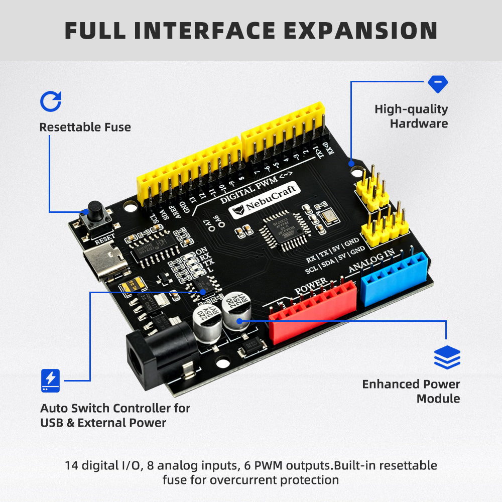 NebuCraft UNO R3 Board, ATmega328P Microcontroller Development Board, Compatible withArduino IDE, DIY Electronic Circuit Board for Robotics, STEAM Learning and Electronic Projects